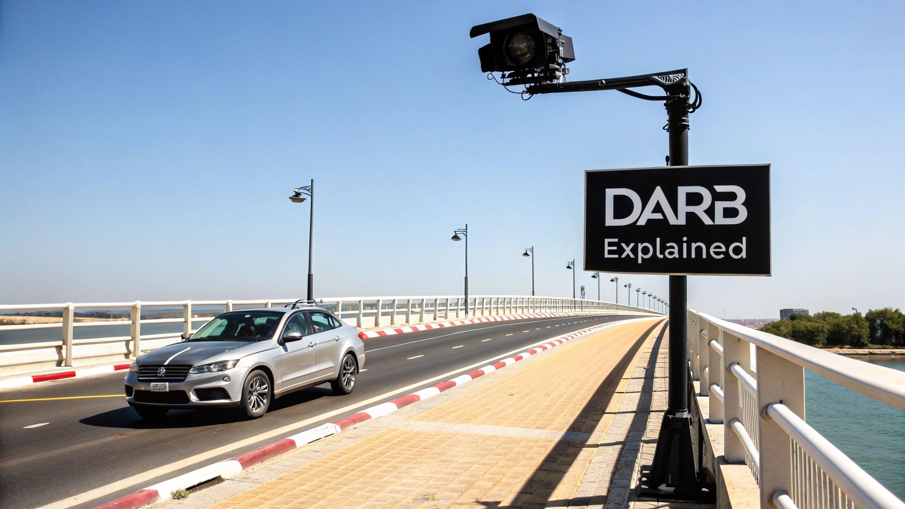 A silver car drives on a bridge under a traffic camera and a "DARB Explained" sign.