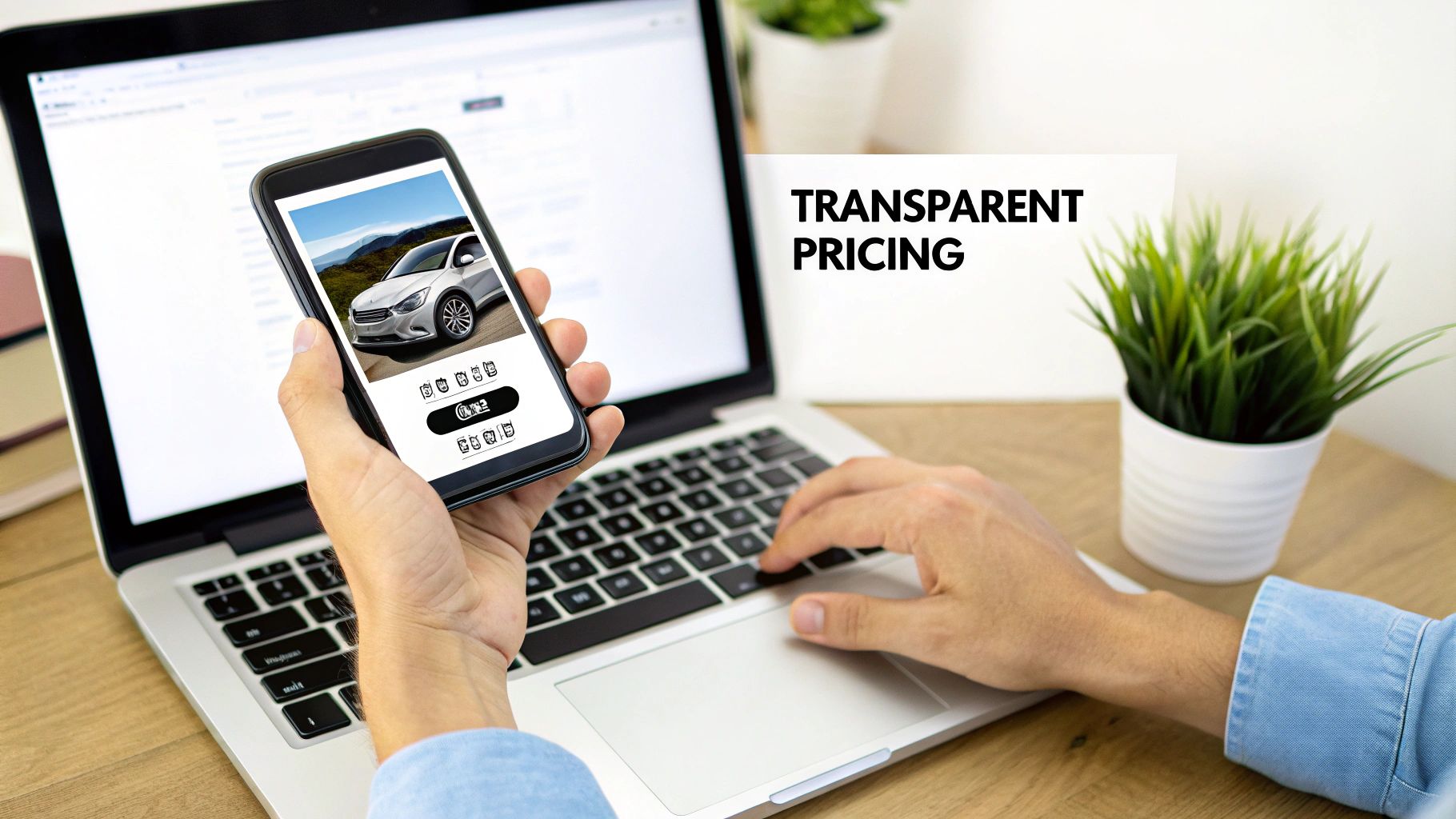 Person browsing car rental options on a smartphone and laptop with 'TRANSPARENT PRICING' visible.