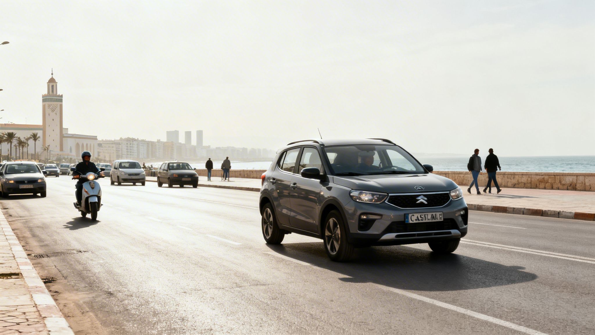 Scène de rue ensoleillée à Casablanca avec une voiture, un scooter, des passants et une tour emblématique près de la mer.