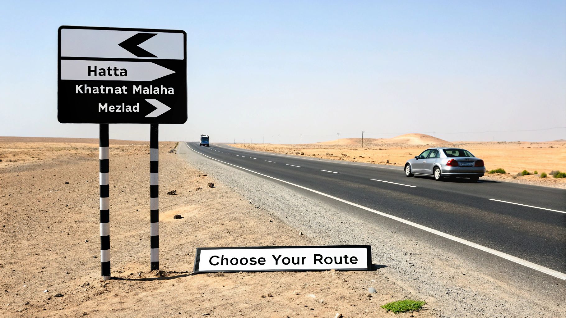 A scenic road winding through the mountains between the UAE and Oman.