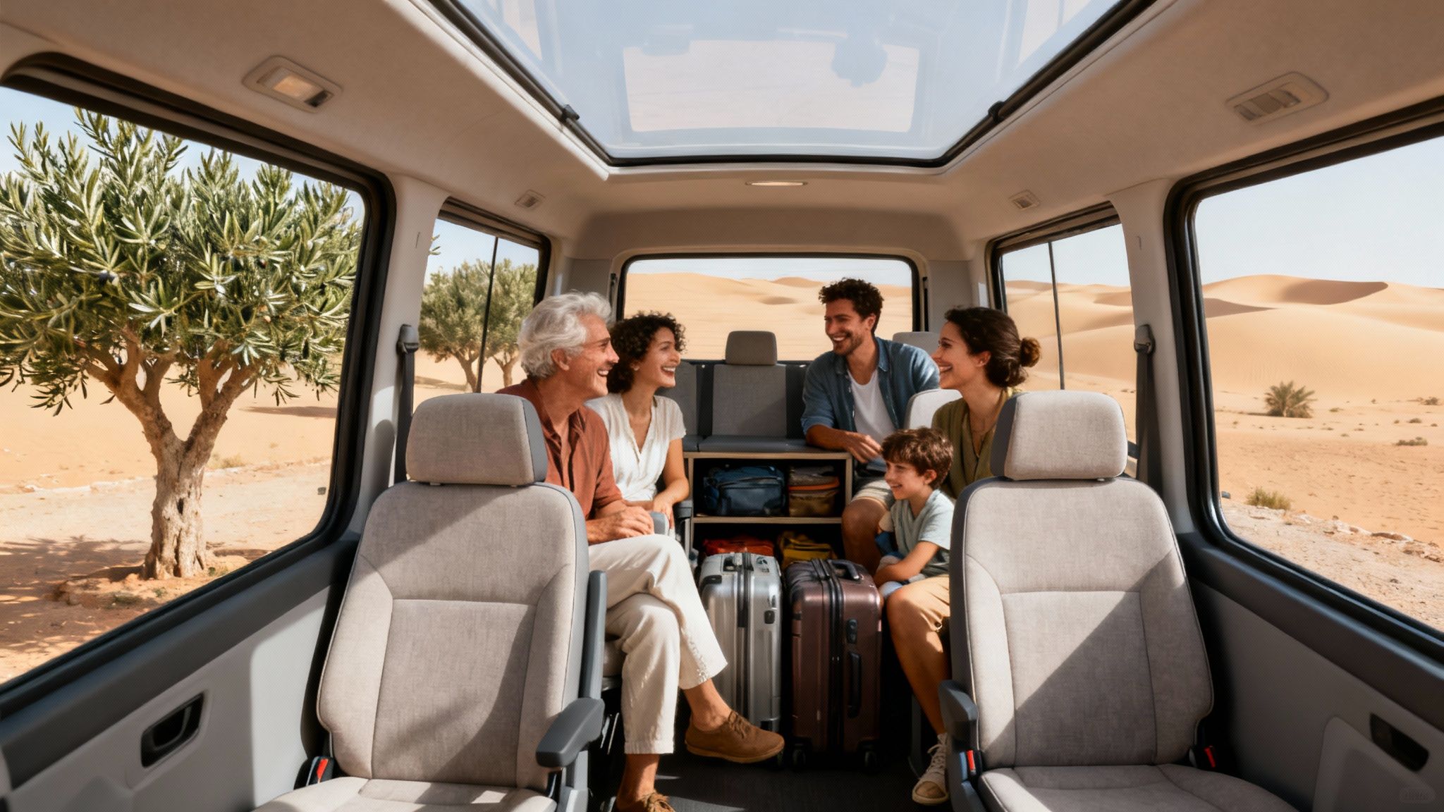 Une famille heureuse voyageant dans un minibus 9 places, avec des dunes et des arbres visibles à travers les fenêtres.