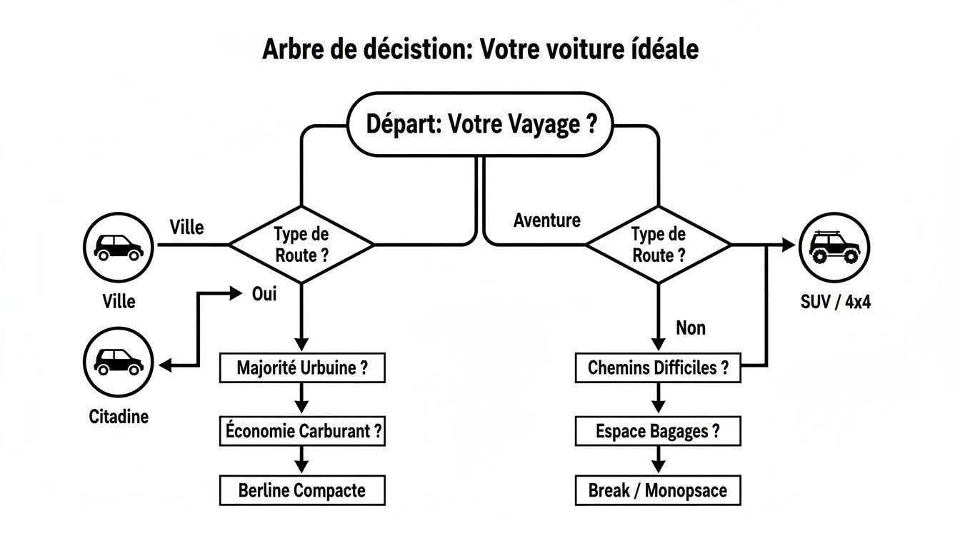 Arbre de décision illustrant le choix d'une voiture idéale selon le type de voyage, la route et les besoins.