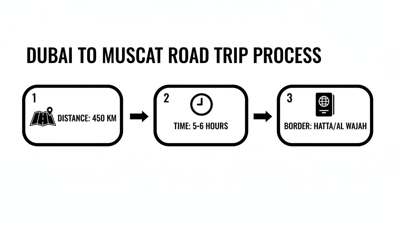 Dubai to Muscat by Road A Complete Driver's Guide 1 Infographic illustrating the Dubai to Muscat road trip process, including distance, time, and border information.