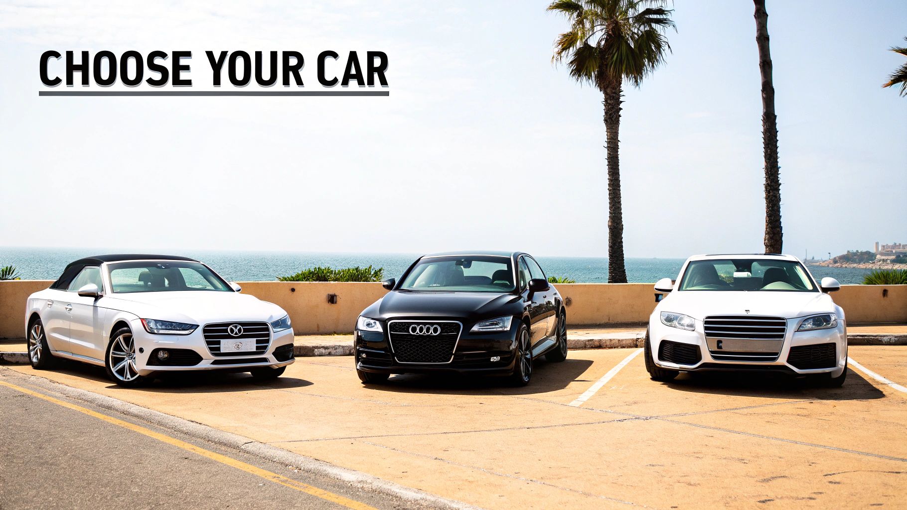 Weekly car hire dubai: Your Ultimate Guide to Smart Rentals 3 Three luxury cars, two white and one black, parked overlooking the ocean under palm trees.