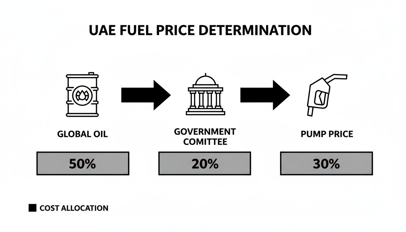 Flowchart illustrating UAE fuel price determination, showing global oil, government committee, and pump price cost allocations.