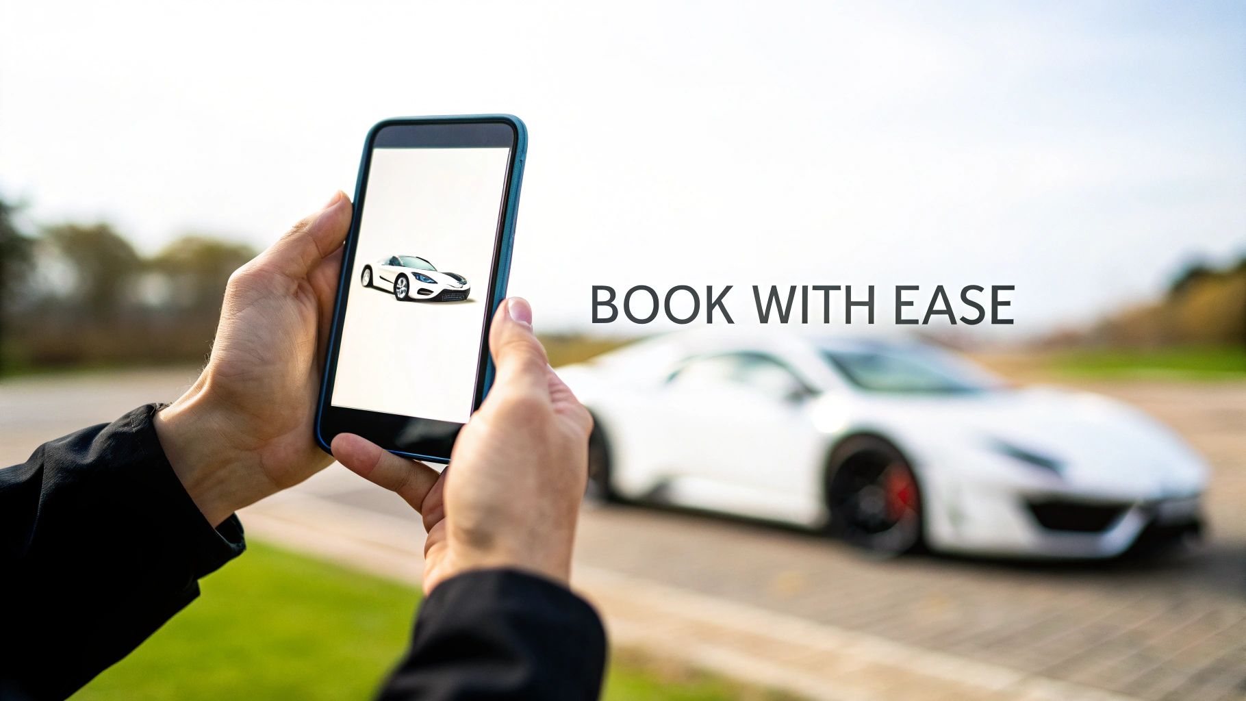 Dubai's Elite Drive: ap supercar rental for the Ultimate Experience 3 Hands hold a smartphone displaying a white sports car, with a blurry supercar and 'BOOK WITH EASE' text.