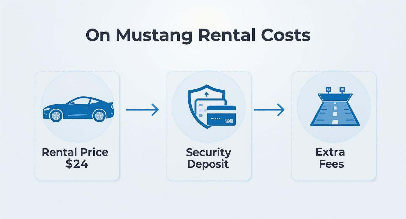 Your Guide to Mustang for Rent in Dubai 2 A flowchart illustrating Mustang rental costs, including rental price ($24), security deposit, and extra fees.