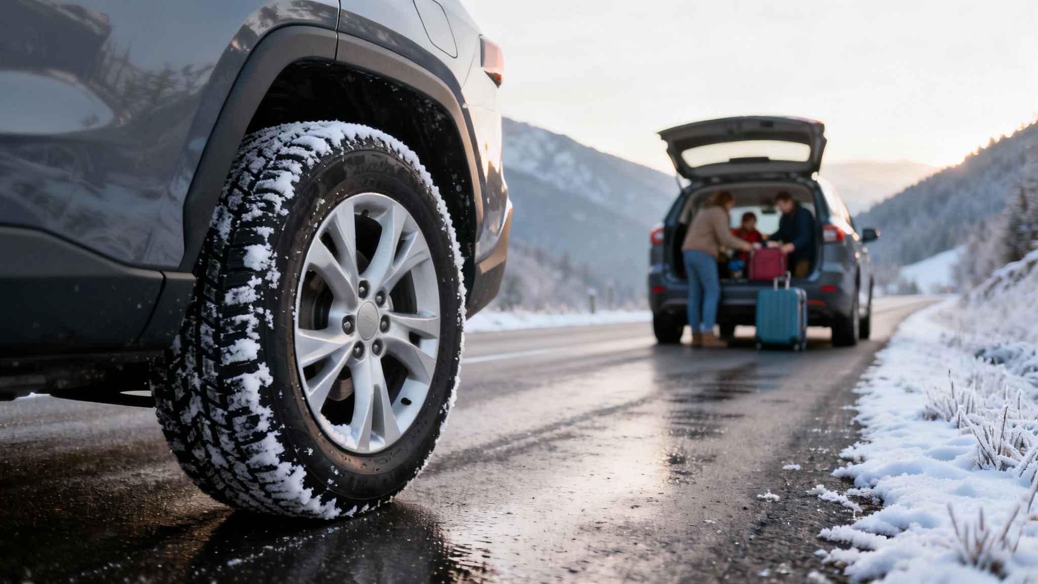 Gros plan sur un pneu hiver enneigé d'un SUV gris, avec une famille chargeant des bagages dans le coffre d'une autre voiture sur une route de montagne enneigée.