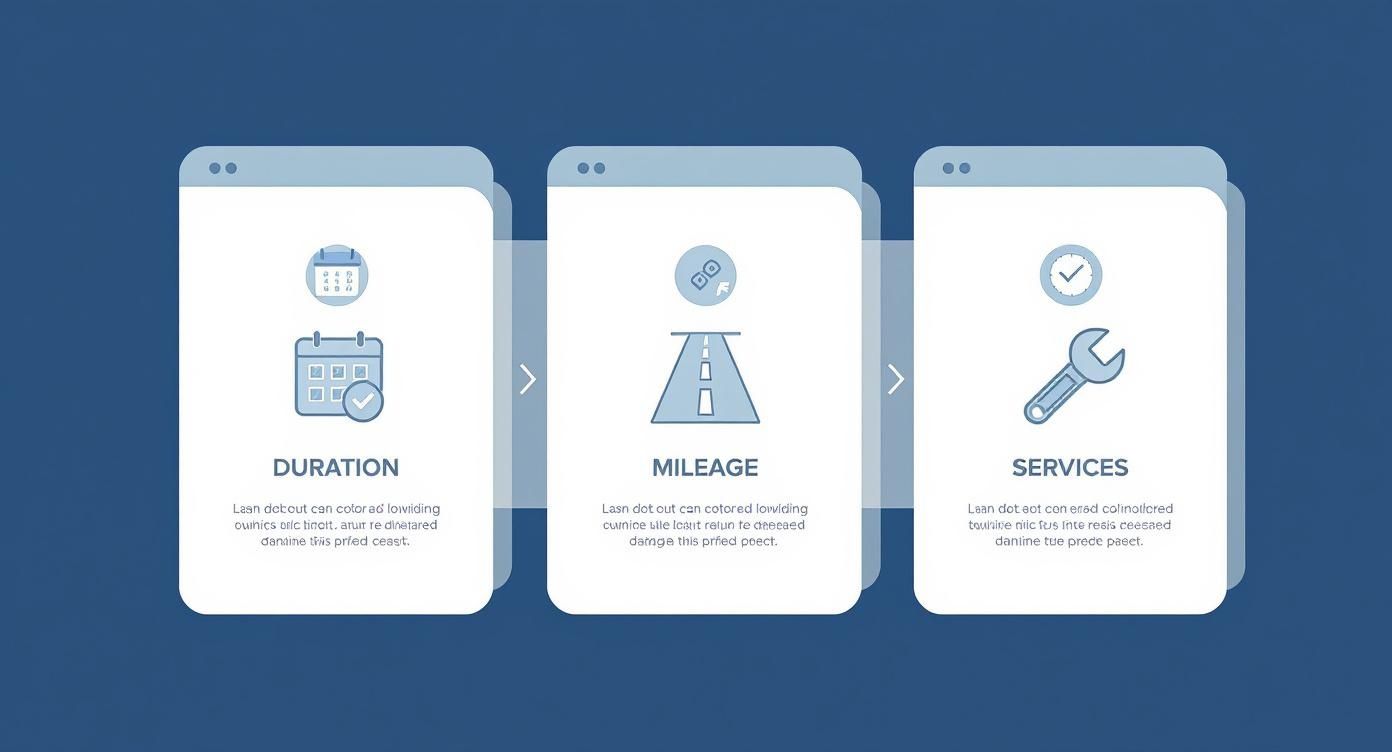 Infographie résumant les éléments clés d'un contrat LLD avec des icônes pour la durée, le kilométrage et les services