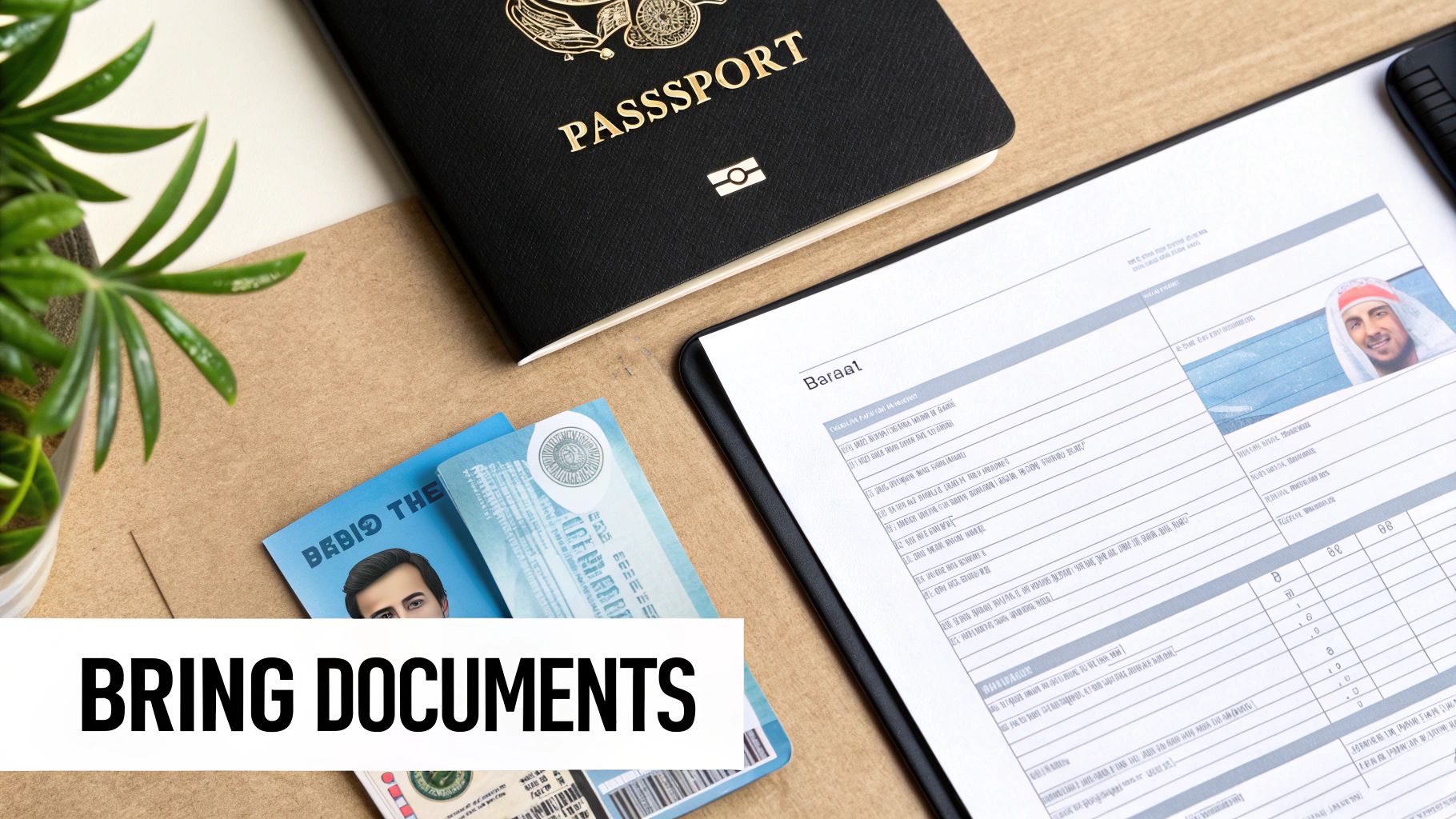Essential travel documents including a passport, application form, and identification cards on a wooden surface.