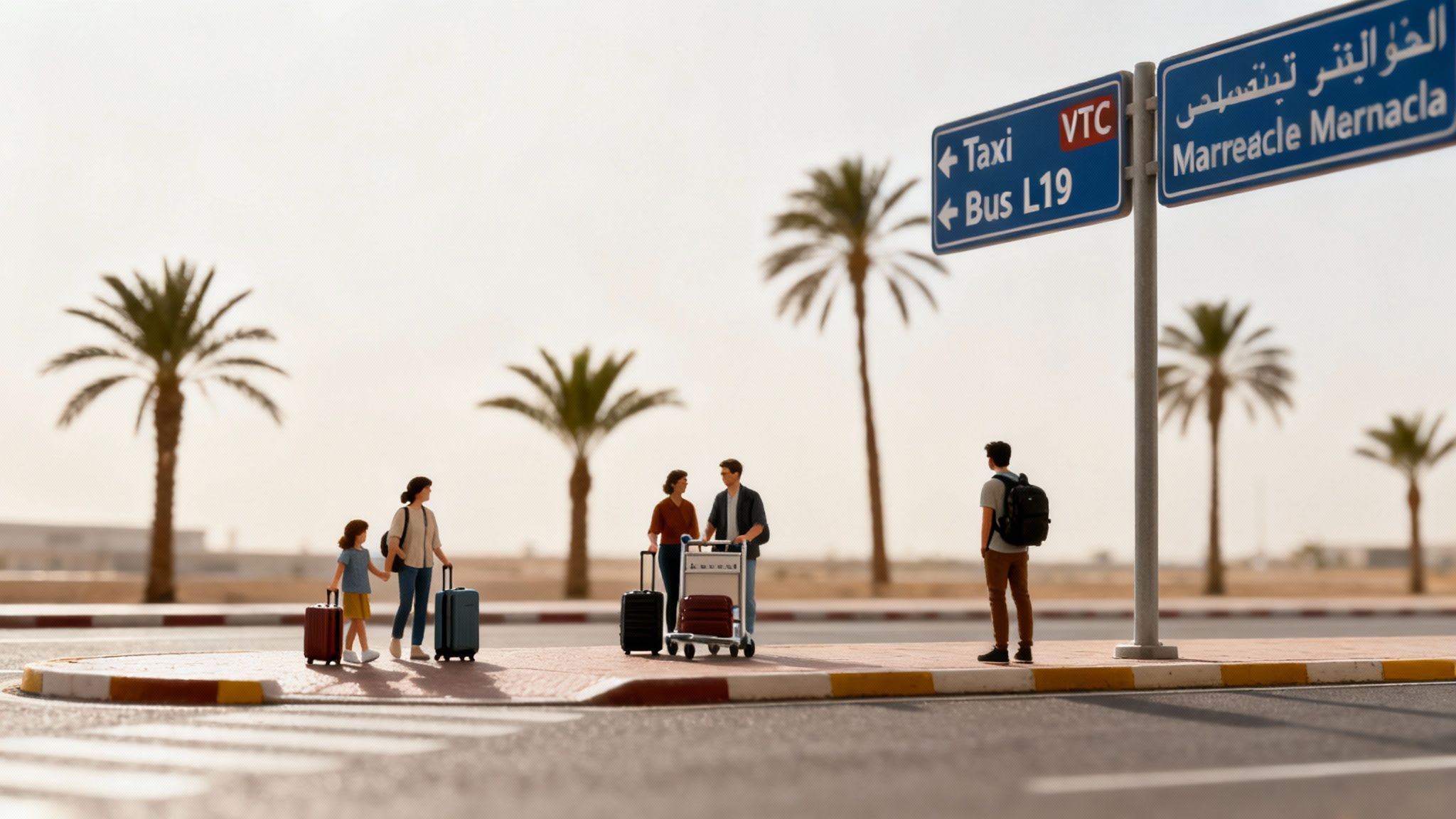 Des voyageurs miniatures avec leurs bagages attendent des transferts à l'aéroport sous les palmiers.