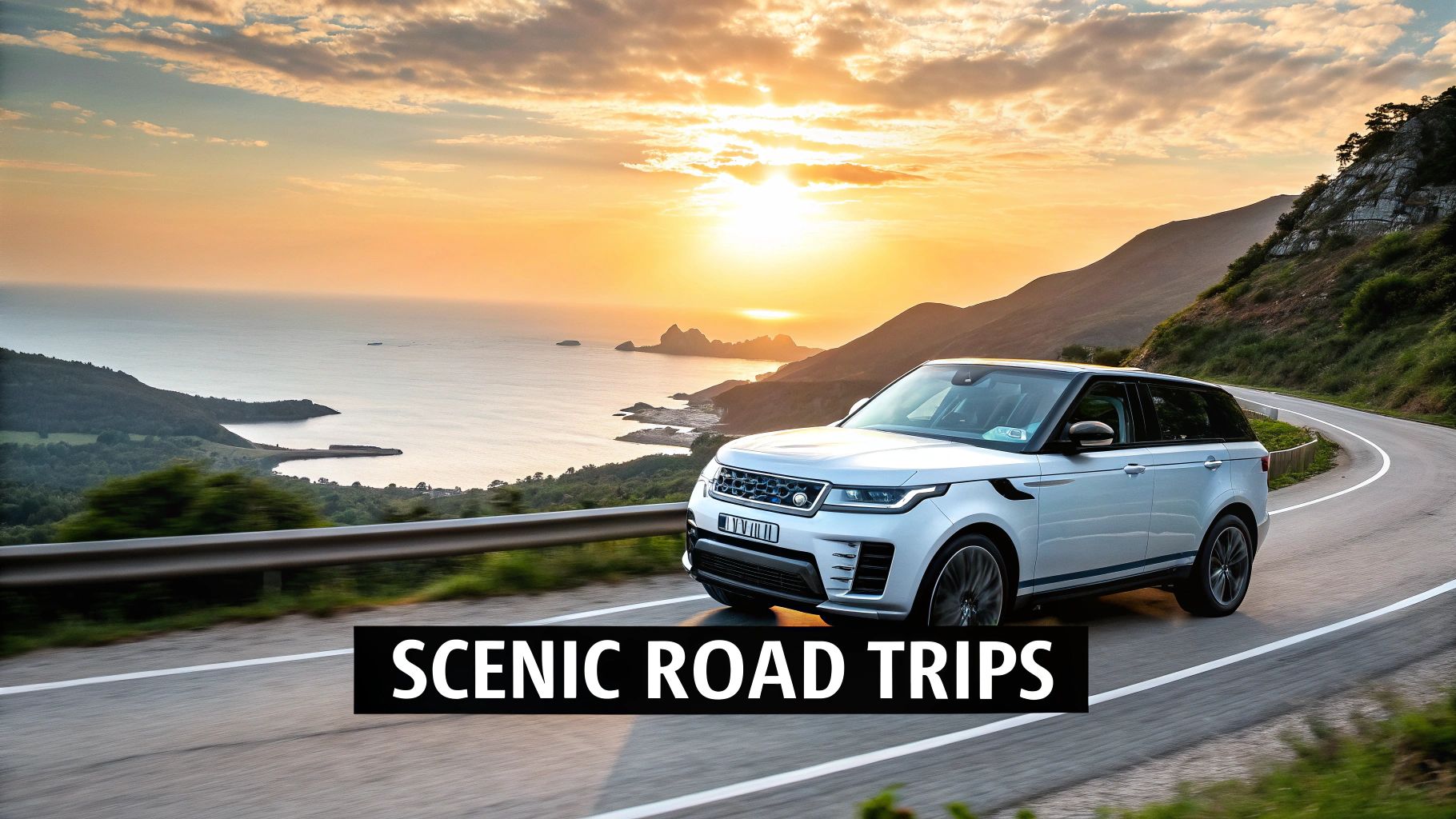 A sleek Range Rover driving through a modern urban landscape in Dubai.