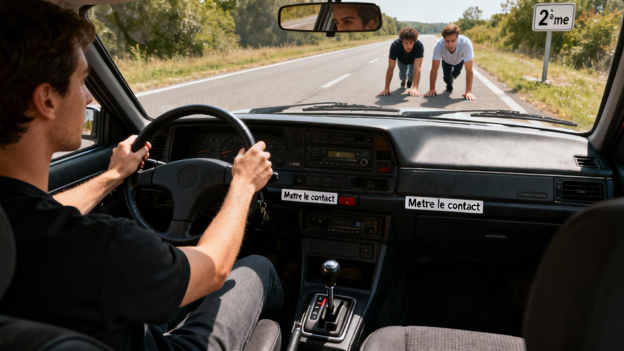 Un homme au volant d'une voiture, prêt à démarrer une course contre deux hommes en position de départ sur la route, avec des étiquettes "Mettre le contact" visibles à l'intérieur du véhicule.