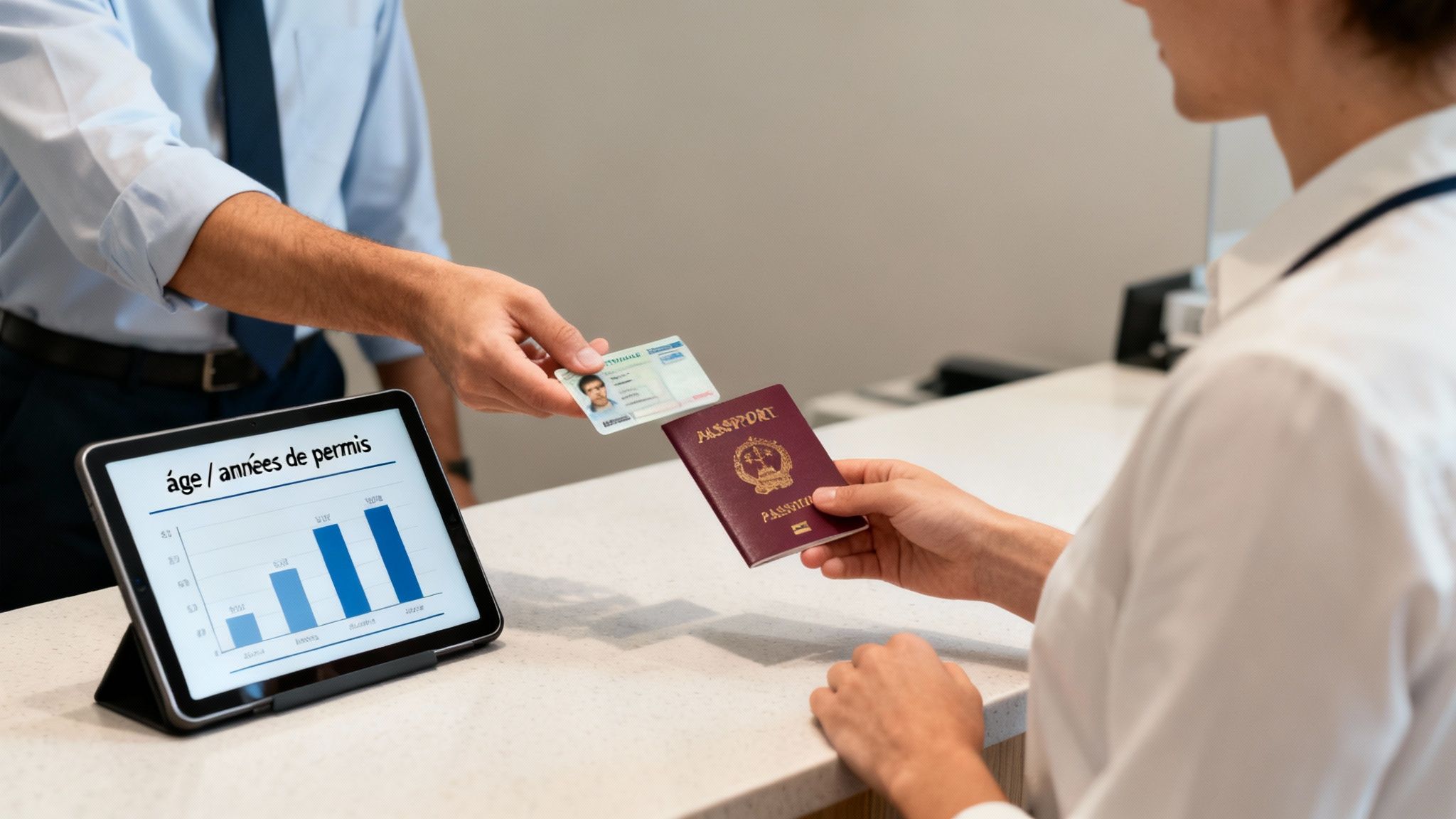 Un client remet son permis de conduire et son passeport à un agent, avec une tablette affichant un graphique d'âge.