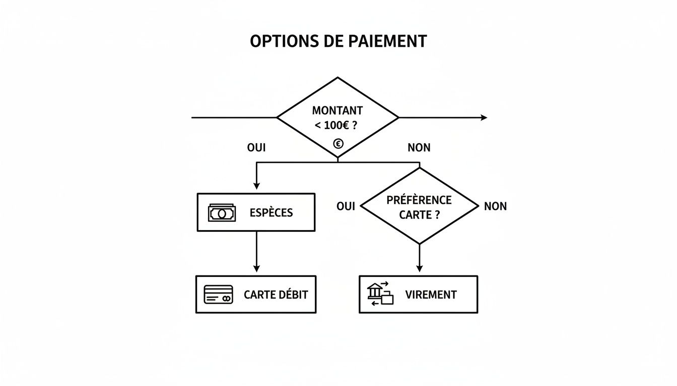 Diagramme de flux détaillant les options de paiement : espèces, carte de débit ou virement.