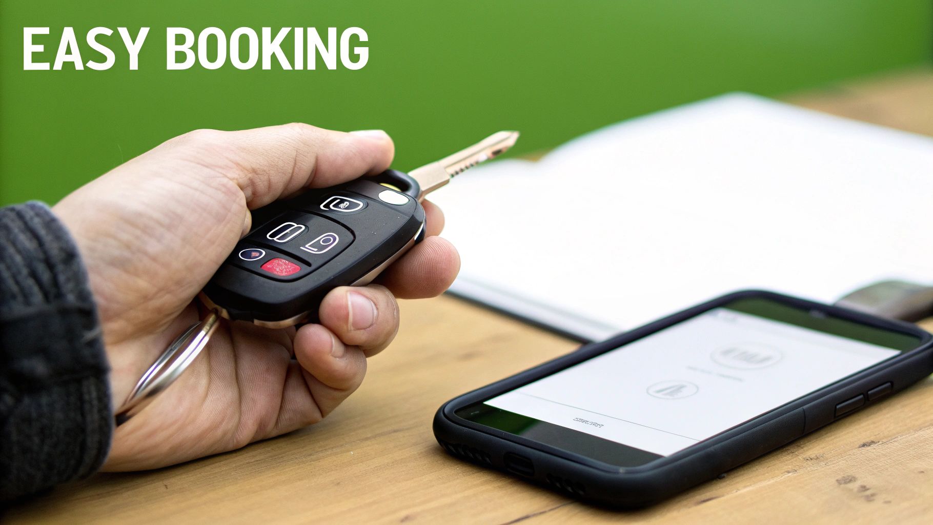 A person's hand holds a car key next to a smartphone with 'EASY BOOKING' text.
