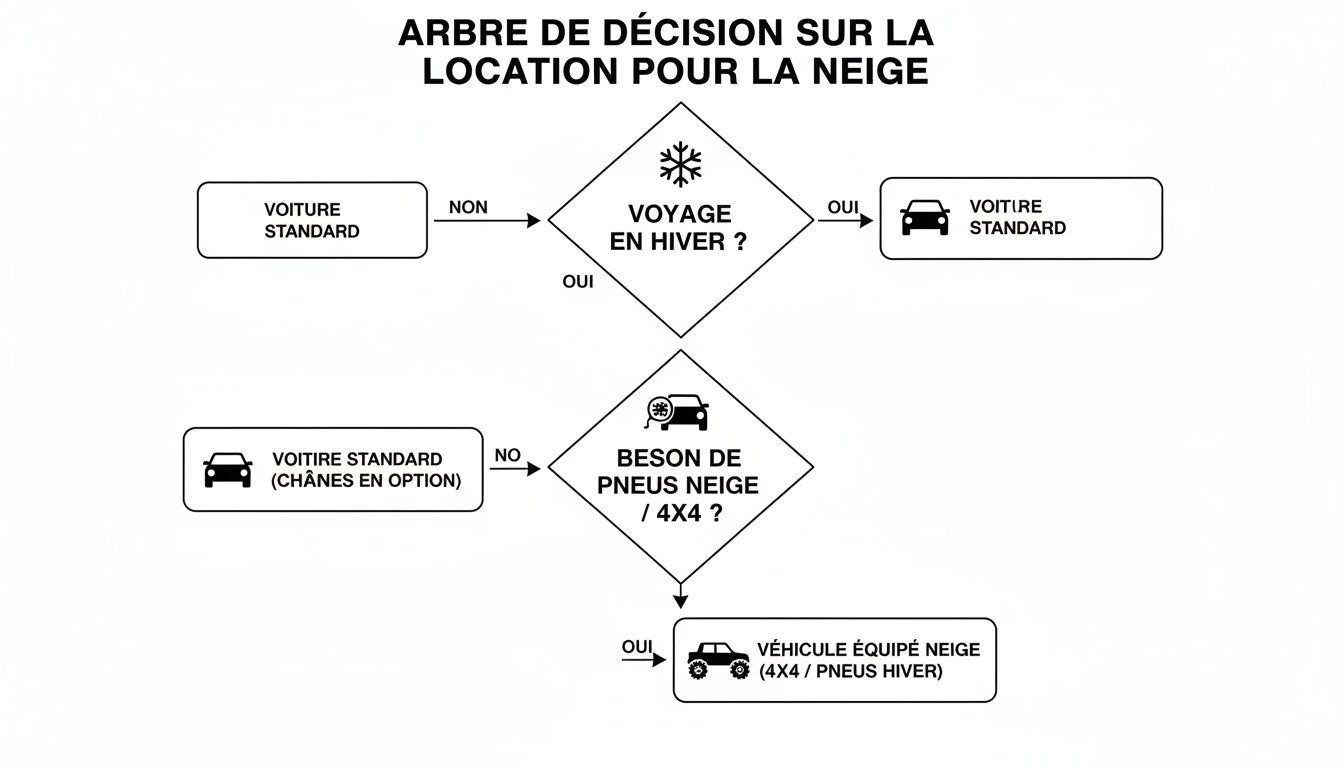 Arbre de décision pour la location de voiture en hiver, guidant le choix entre véhicule standard, avec chaînes ou équipé neige.