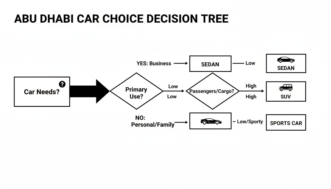 Abu Dhabi car choice decision tree categorizing Sedans, SUVs, and Sports Cars based on primary use and cargo needs.