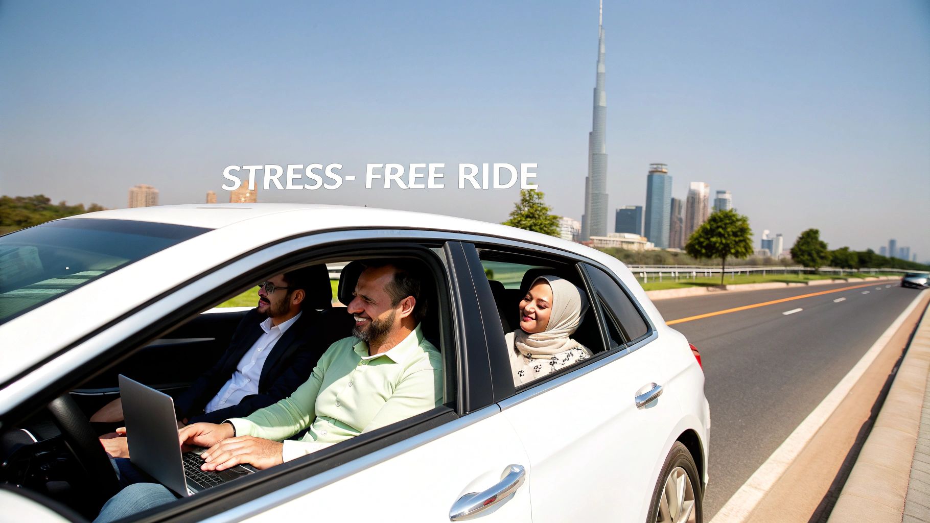 Three smiling people in a white car, driver using laptop, enjoying a stress-free ride in Dubai.