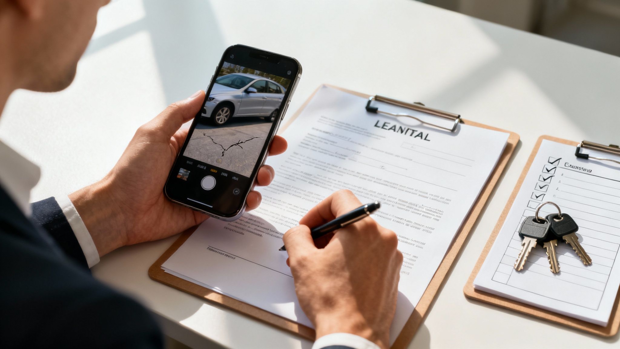 Une personne examinant attentivement un contrat de location de voiture avec une loupe.