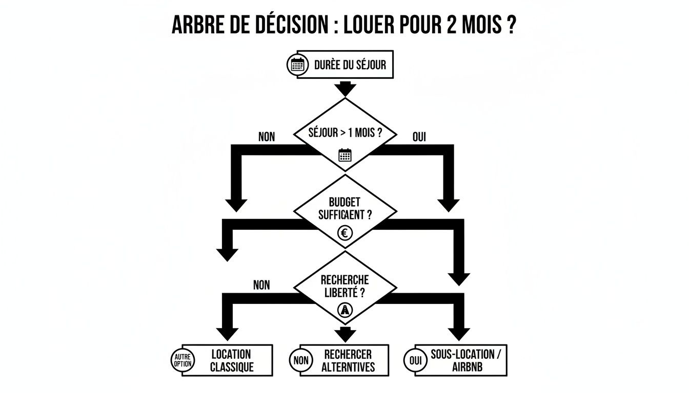 Arbre de décision pour la location de logement sur plus d'un mois, analysant budget et liberté.