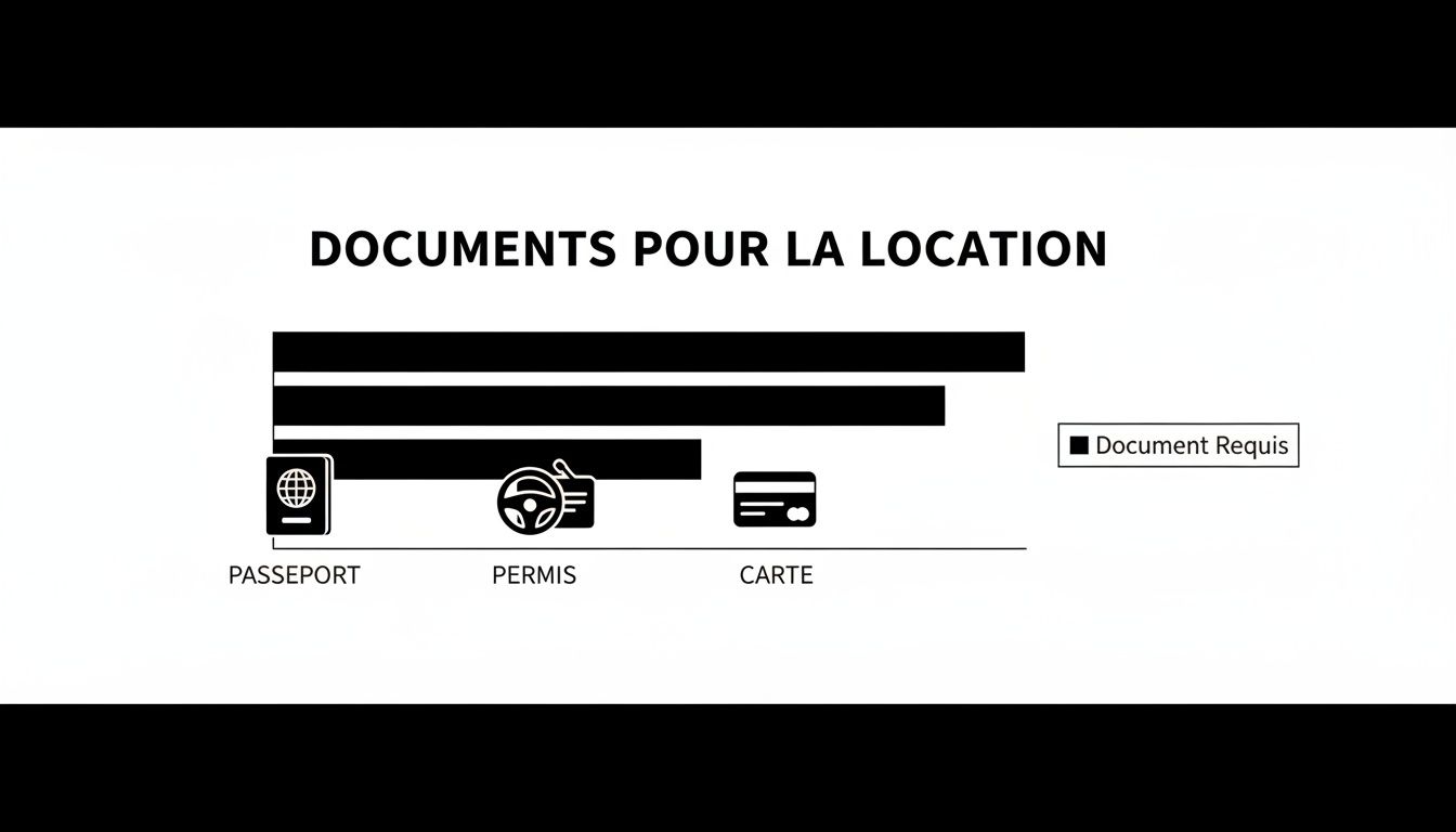 Graphique illustrant les documents nécessaires pour la location d'un véhicule : passeport, permis de conduire et carte de paiement.
