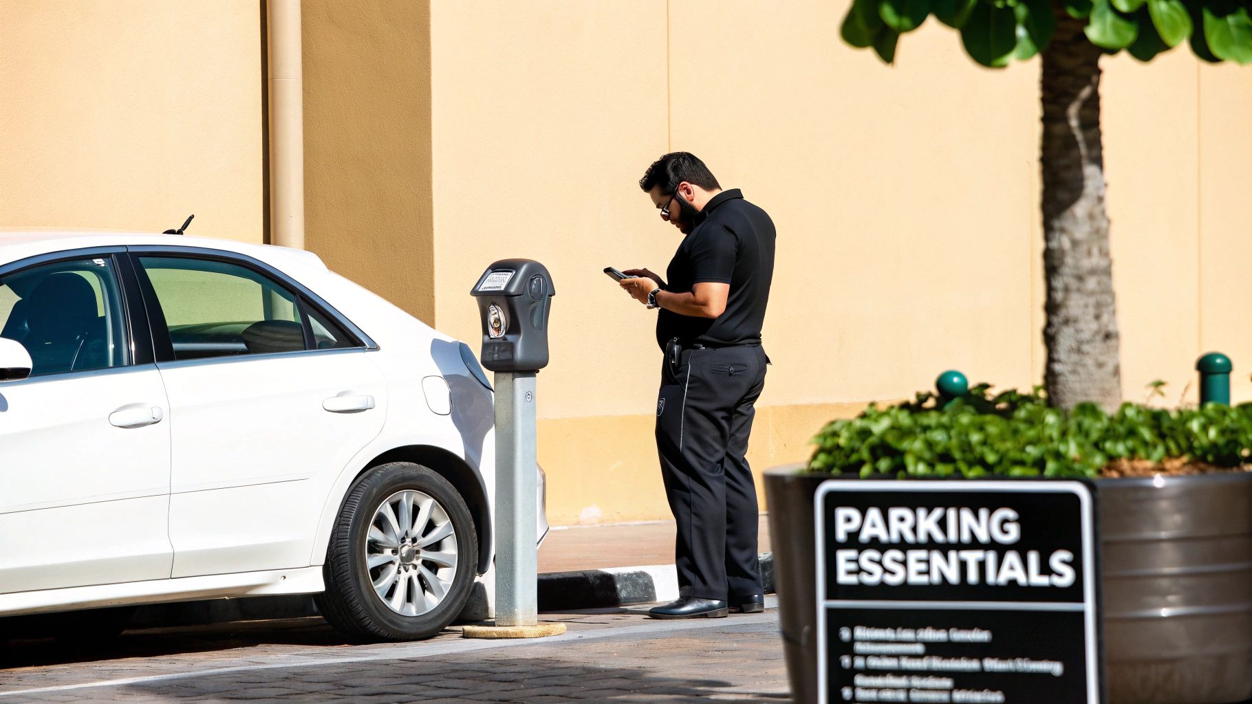 Modern parking meter on a street in Dubai with skyscrapers in the background