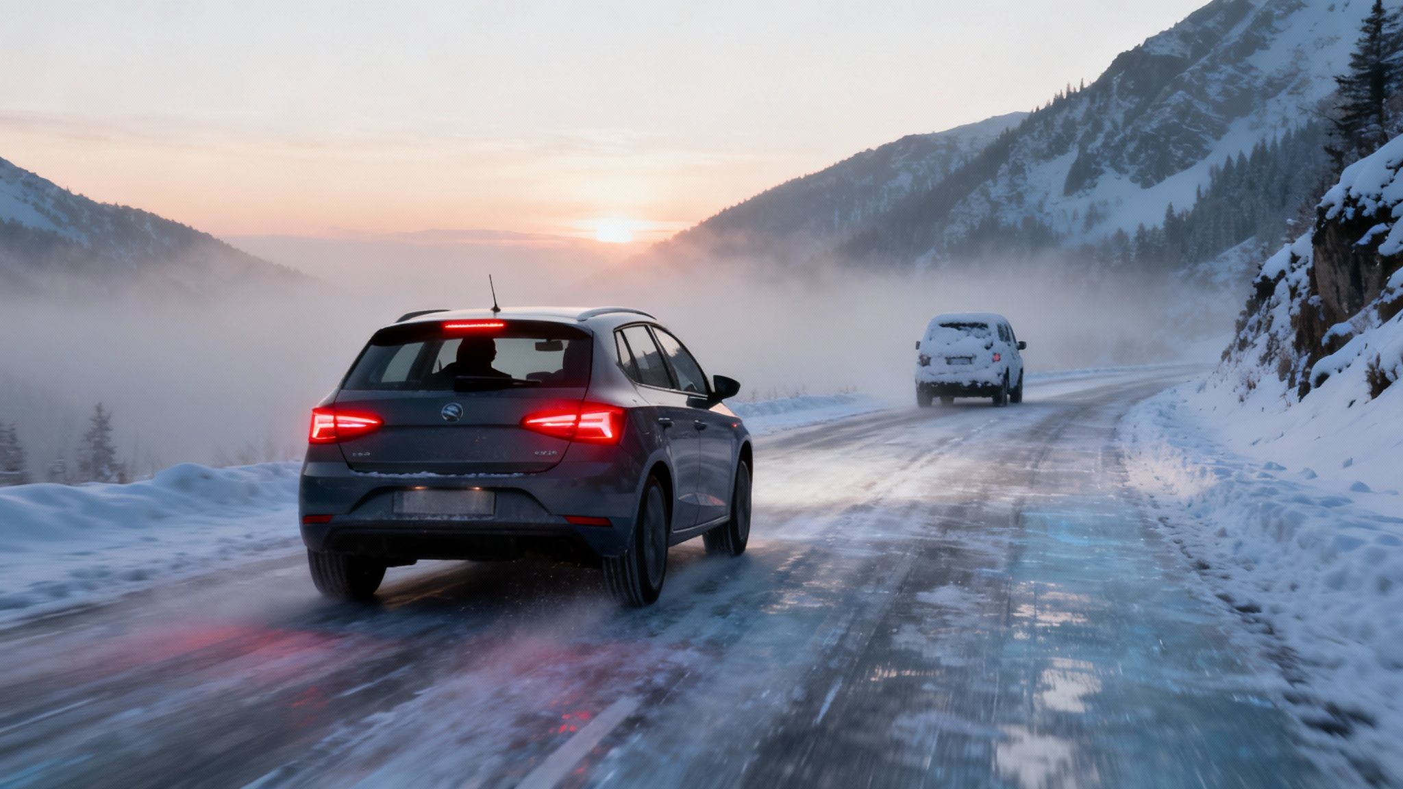 Deux voitures conduisent sur une route de montagne enneigée et verglacée au lever du soleil.