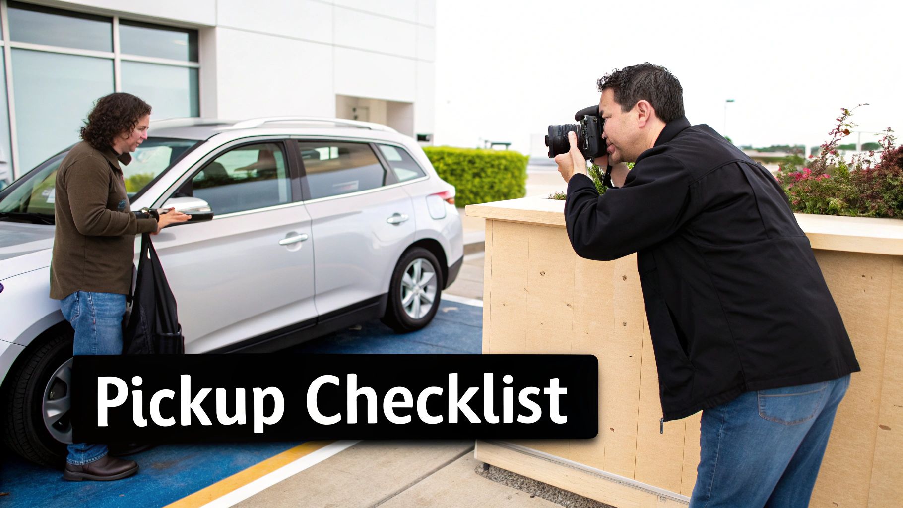 Man inspecting a luxury rental car in a bright, modern showroom