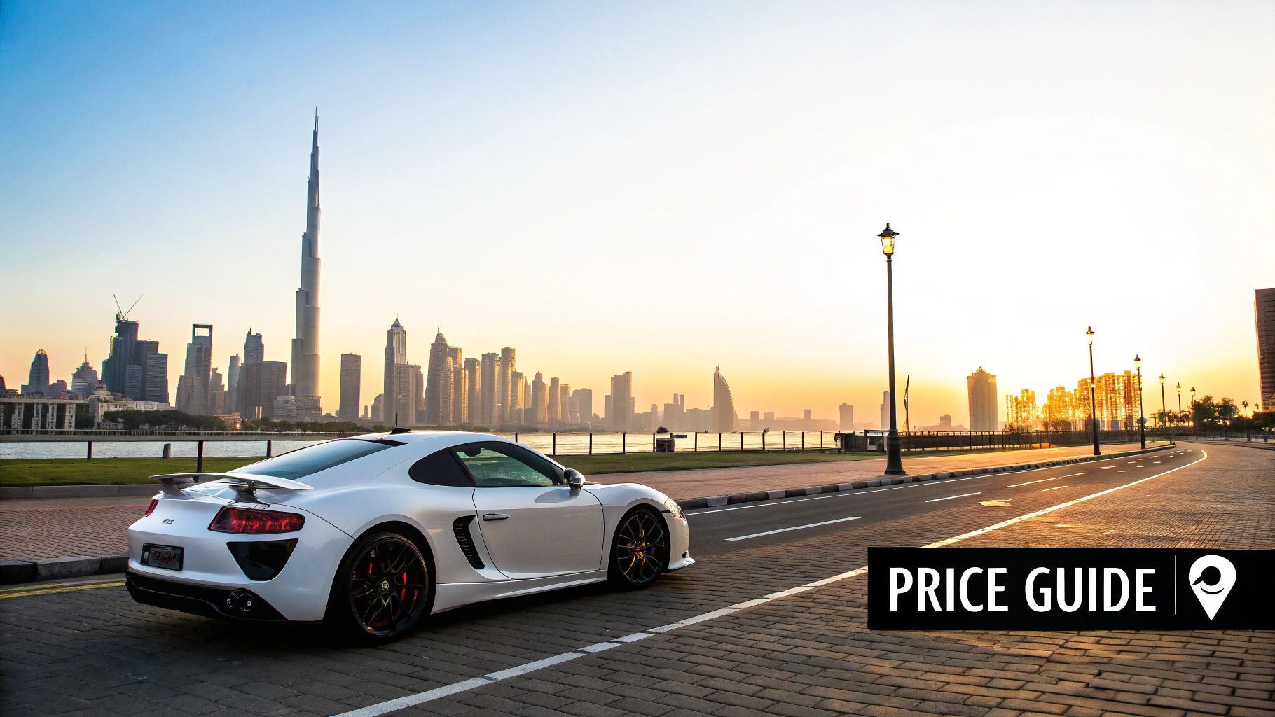 A sleek white exotic sports car parked on a paved road with the stunning Dubai skyline and Burj Khalifa at sunset.