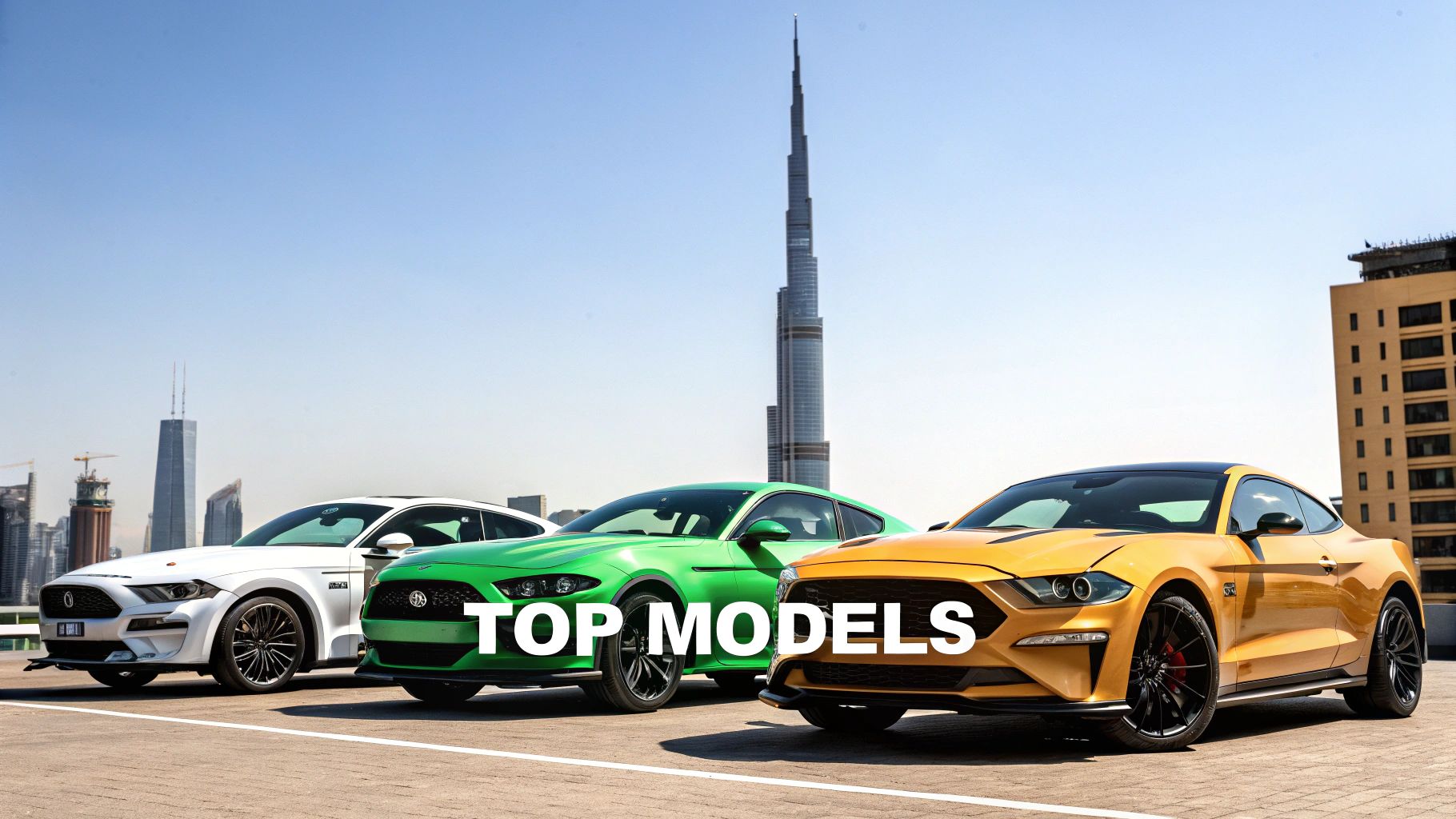 A person holding car keys in front of a rented Ford Mustang in Dubai