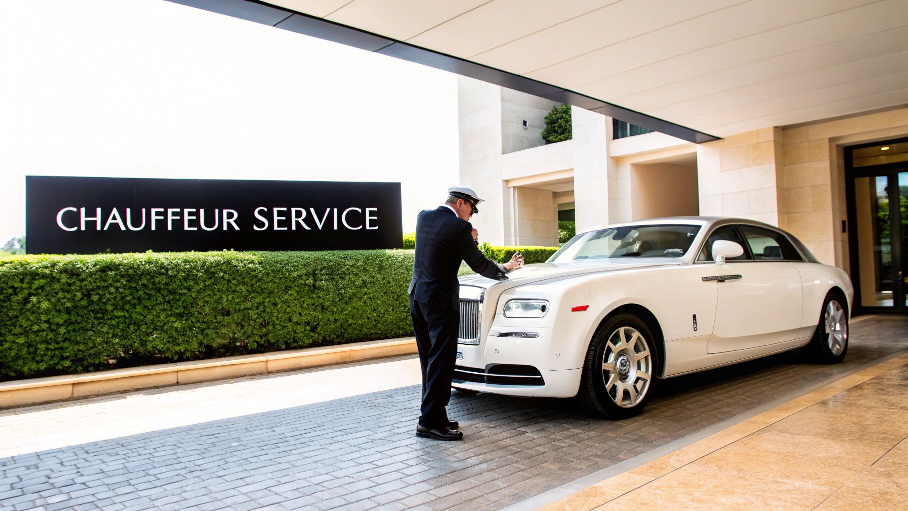 A uniformed chauffeur polishes a white Rolls-Royce car outside a luxury hotel with a "CHAUFFEUR SERVICE" sign.