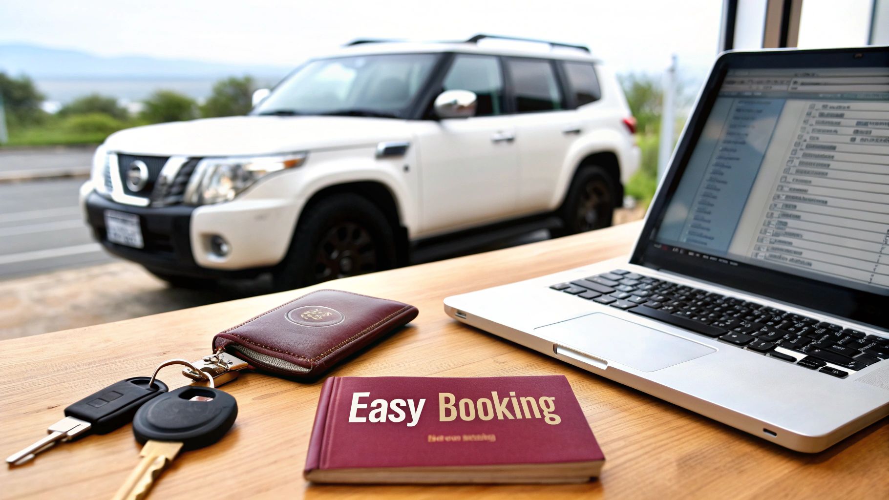 A laptop, car keys, and an 'Easy Booking' guide on a table, with a white Nissan Patrol SUV in the background.