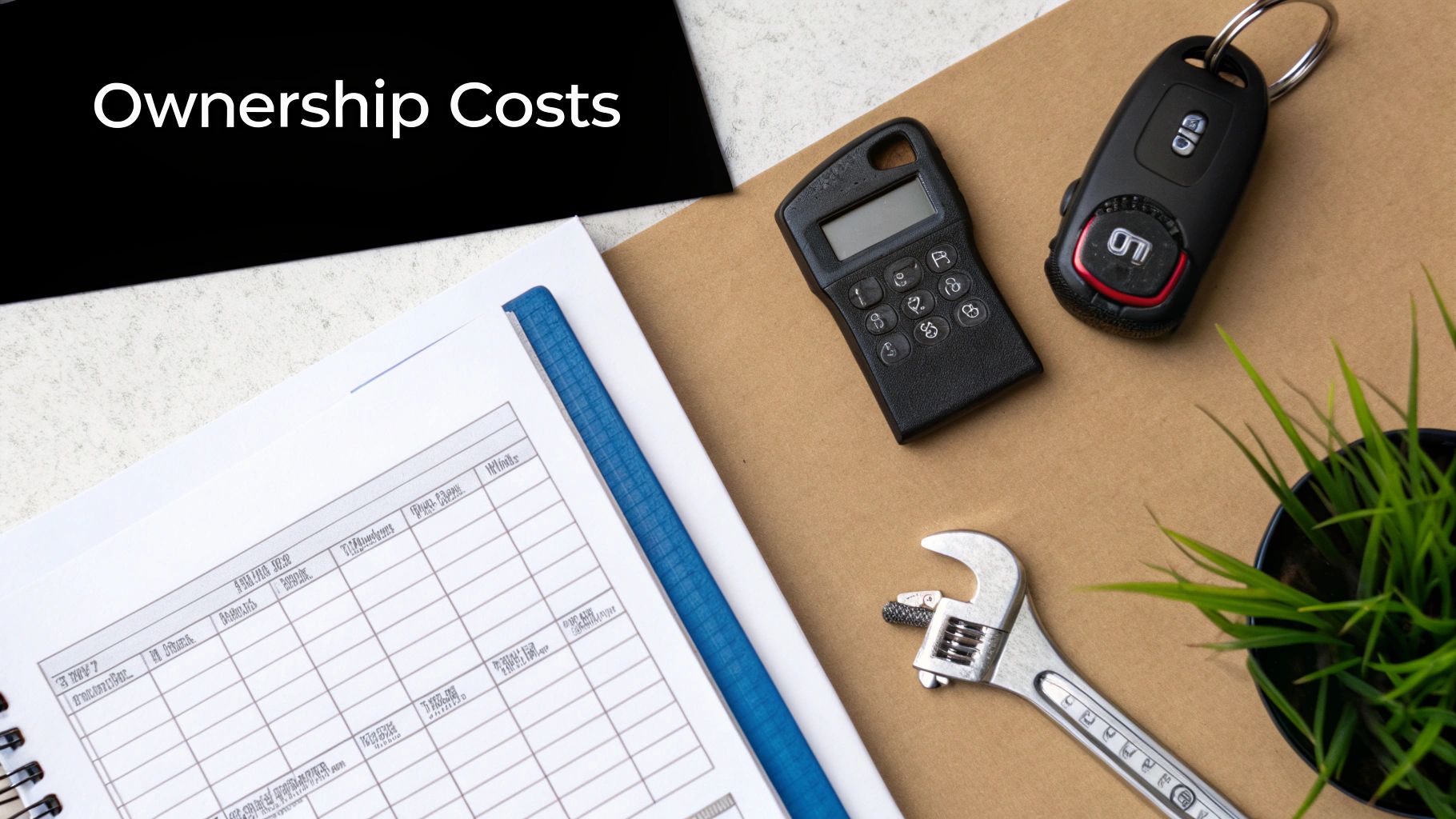 A flat lay image displaying 'Ownership Costs' on a folder, calculator, car key, and wrench.