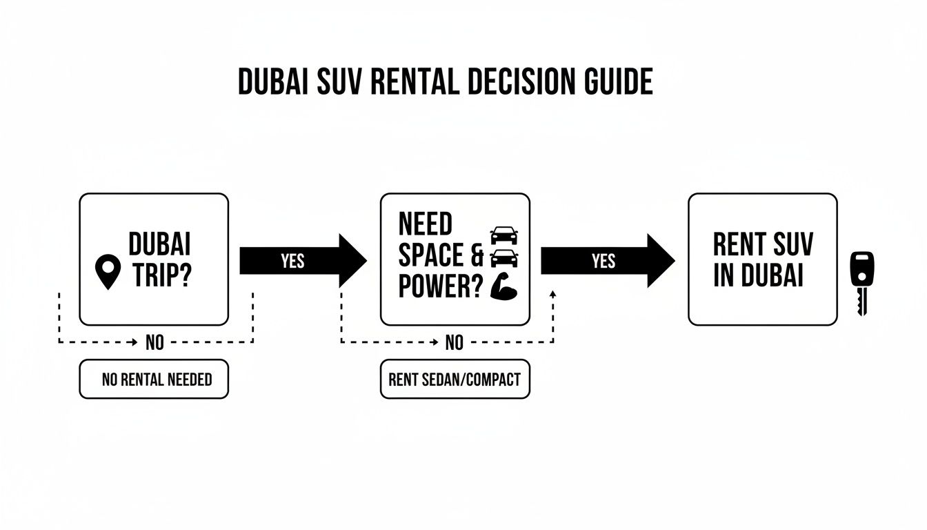 Best Deals for suv cars rental in dubai - Book Easy 1 A flowchart guiding the decision process for renting an SUV in Dubai, based on trip and space needs.