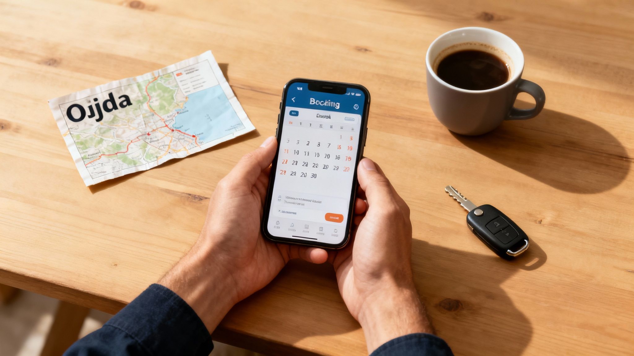 Vue de la médina d'Oujda avec des bâtiments traditionnels et des gens qui marchent.