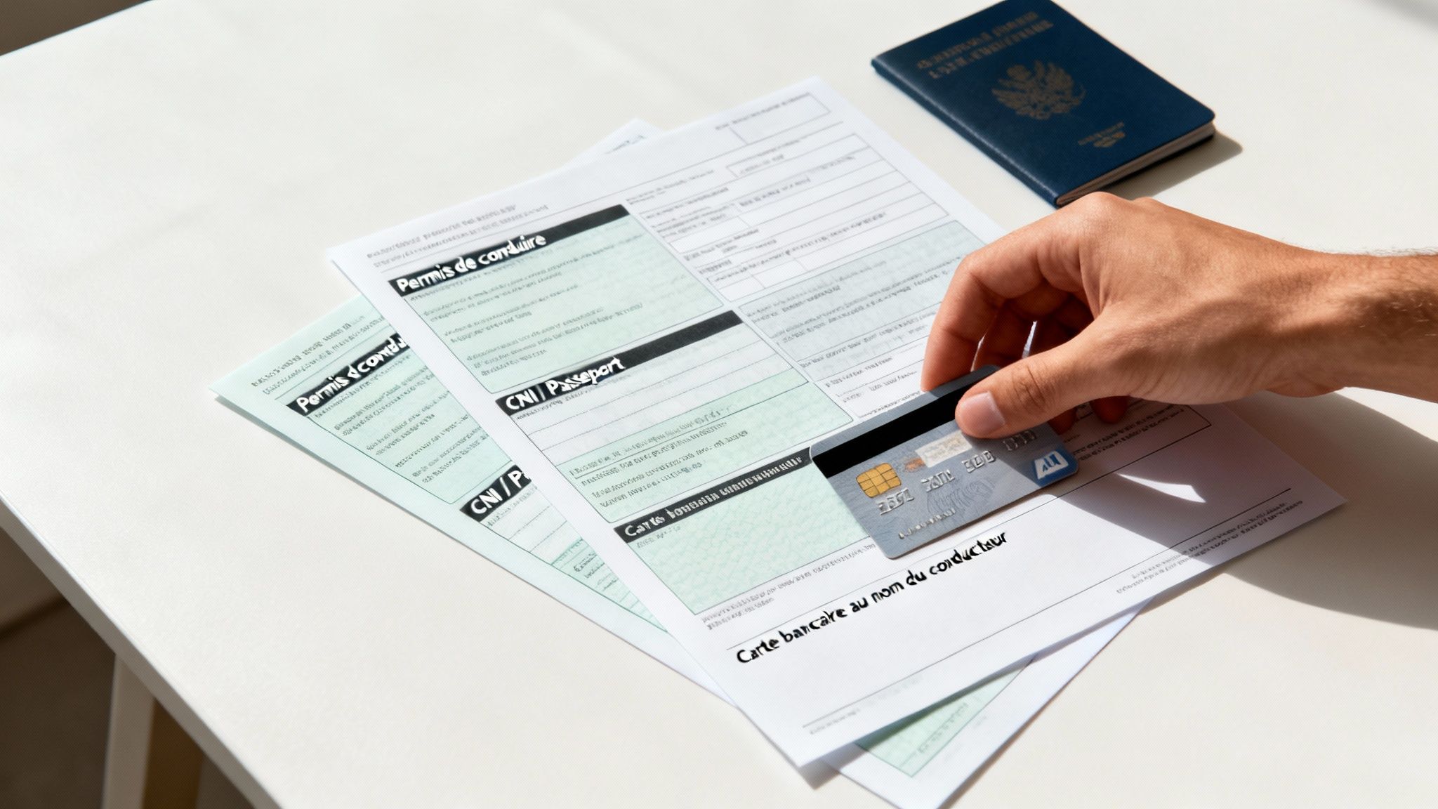 Une main tient une carte bancaire au-dessus de documents de location, près d'un passeport.