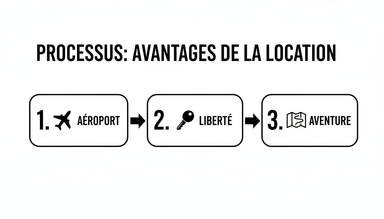 Infographie affichant le processus en trois étapes des avantages de la location : aéroport, liberté et aventure.