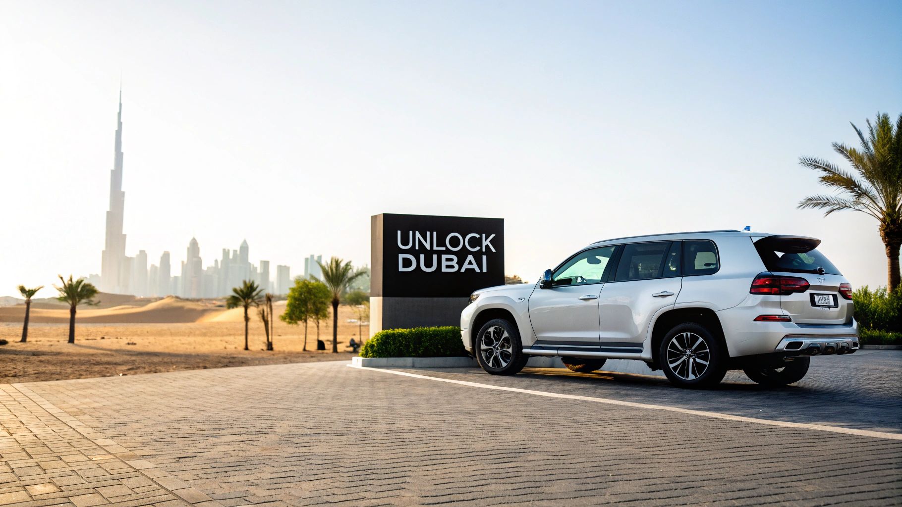 A silver SUV parked near 'UNLOCK DUBAI' sign, with Burj Khalifa and city skyline in the desert.