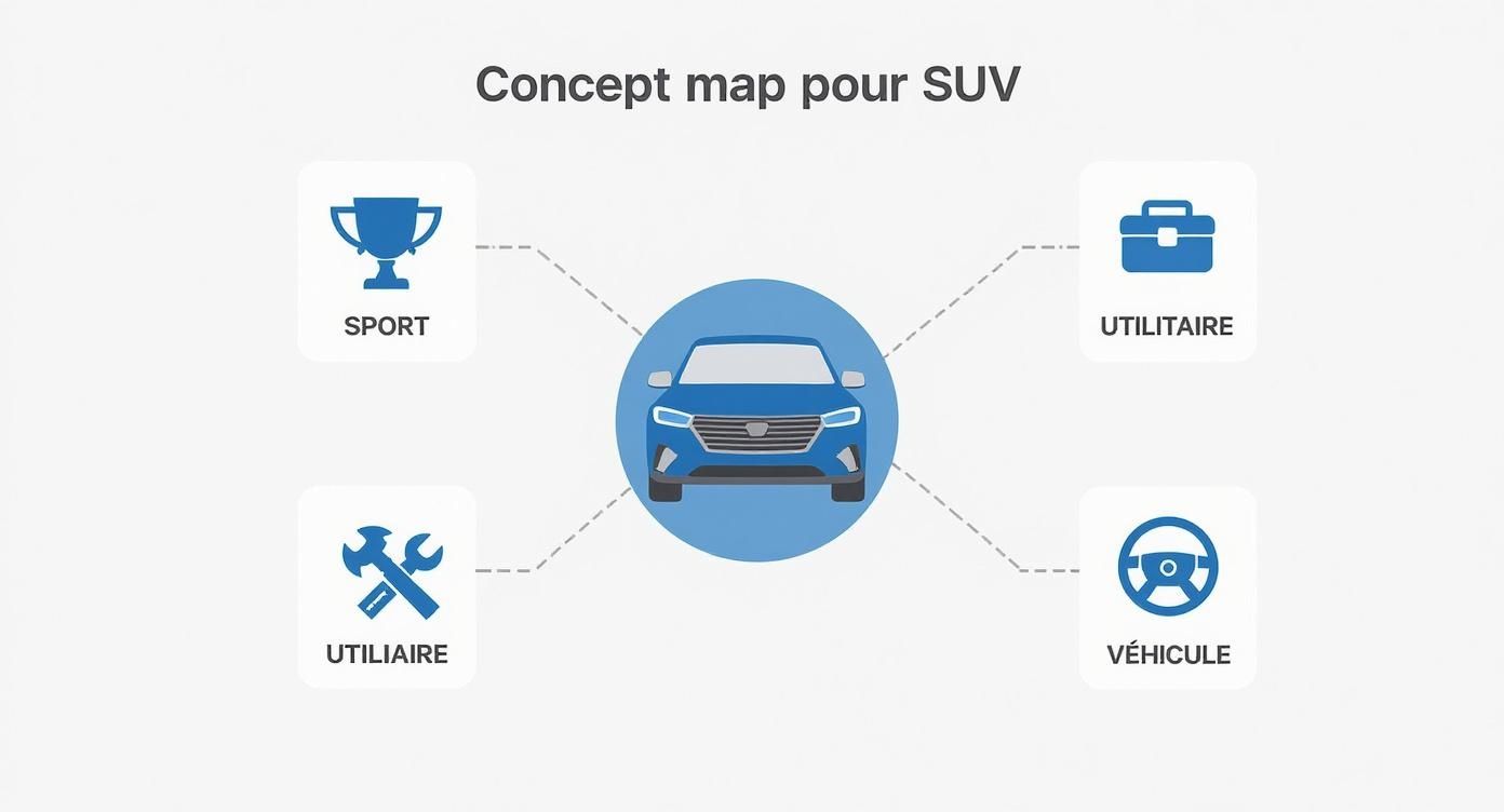 Carte conceptuelle pour SUV montrant ses attributs : sport, utilitaire (deux fois) et véhicule, avec une voiture bleue au centre.