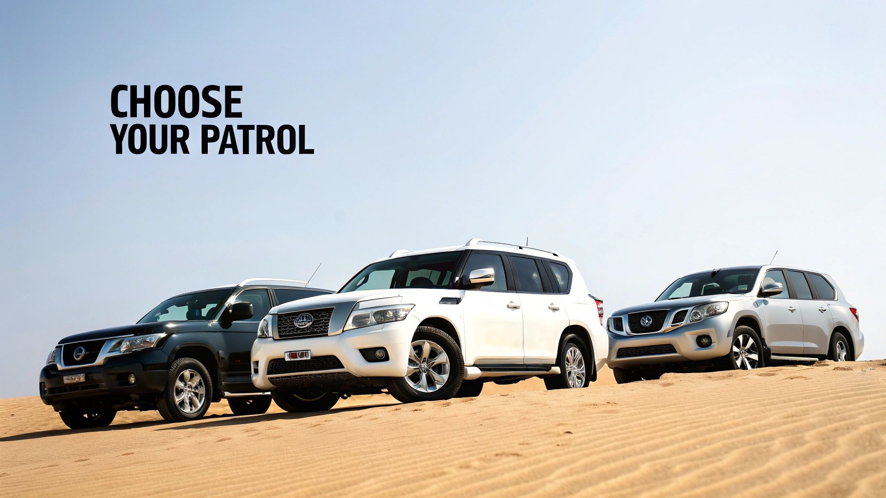 Discover How to rent nissan patrol in Dubai: Your Essential Guide 3 Three Nissan Patrol SUVs in black, white, and silver displayed on desert sand dunes.