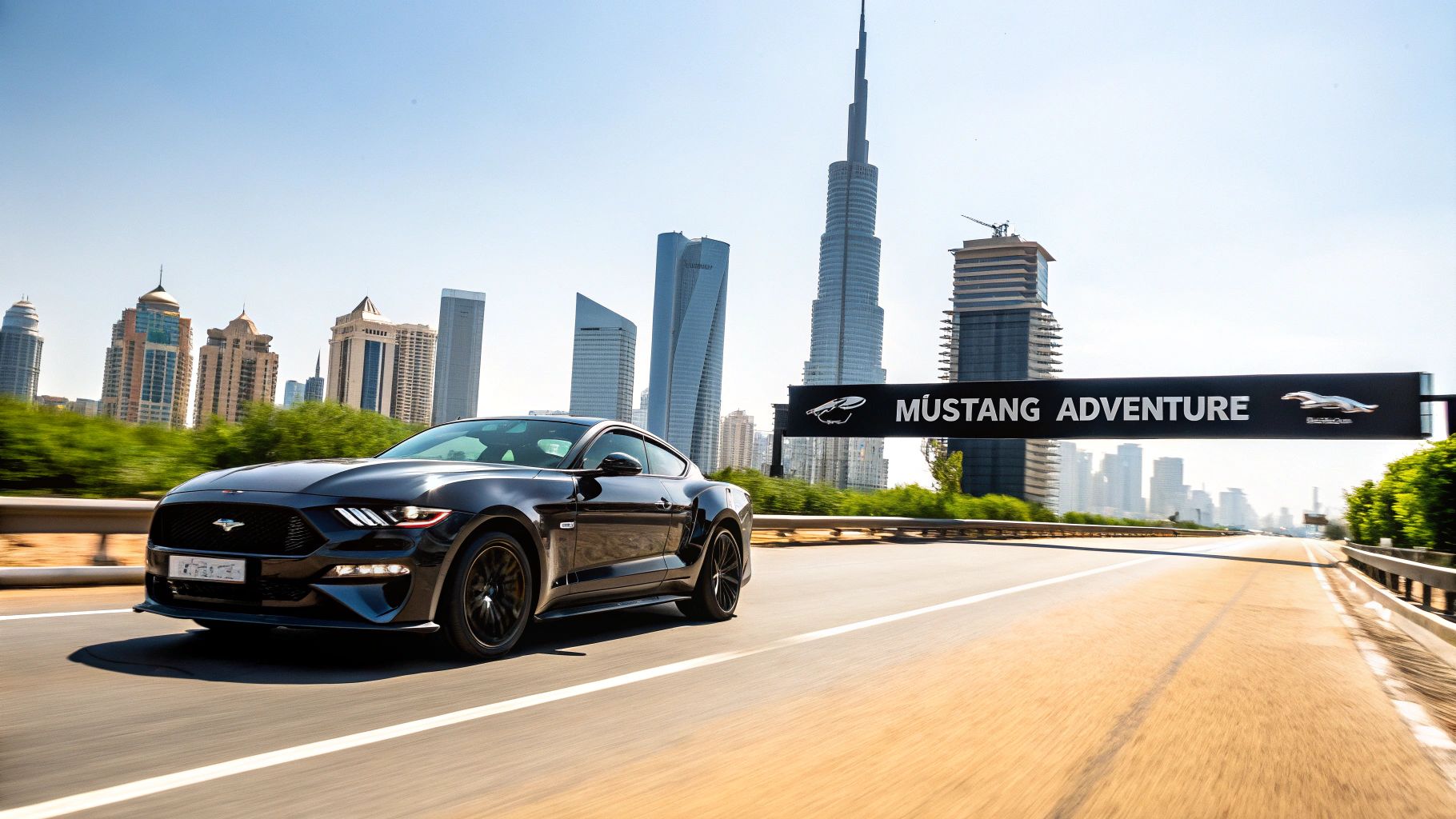 Mustang rent a car dubai: Expert guide to thrilling UAE road trips 1 A black Ford Mustang on a highway with Dubai skyline, Burj Khalifa, and 'Mustang Adventure' sign.