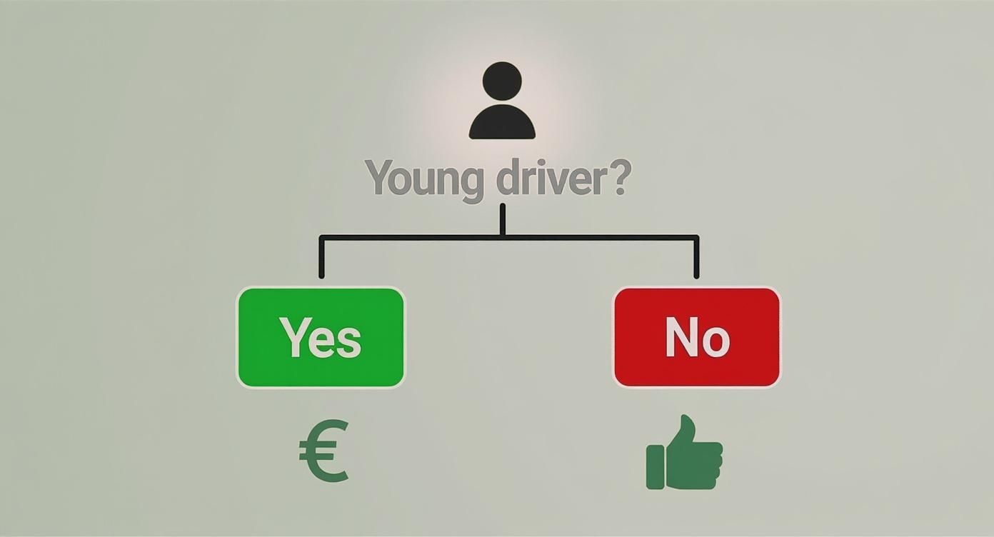 Un diagramme de décision illustrant les implications pour un jeune conducteur : coût élevé si oui, avantage si non.