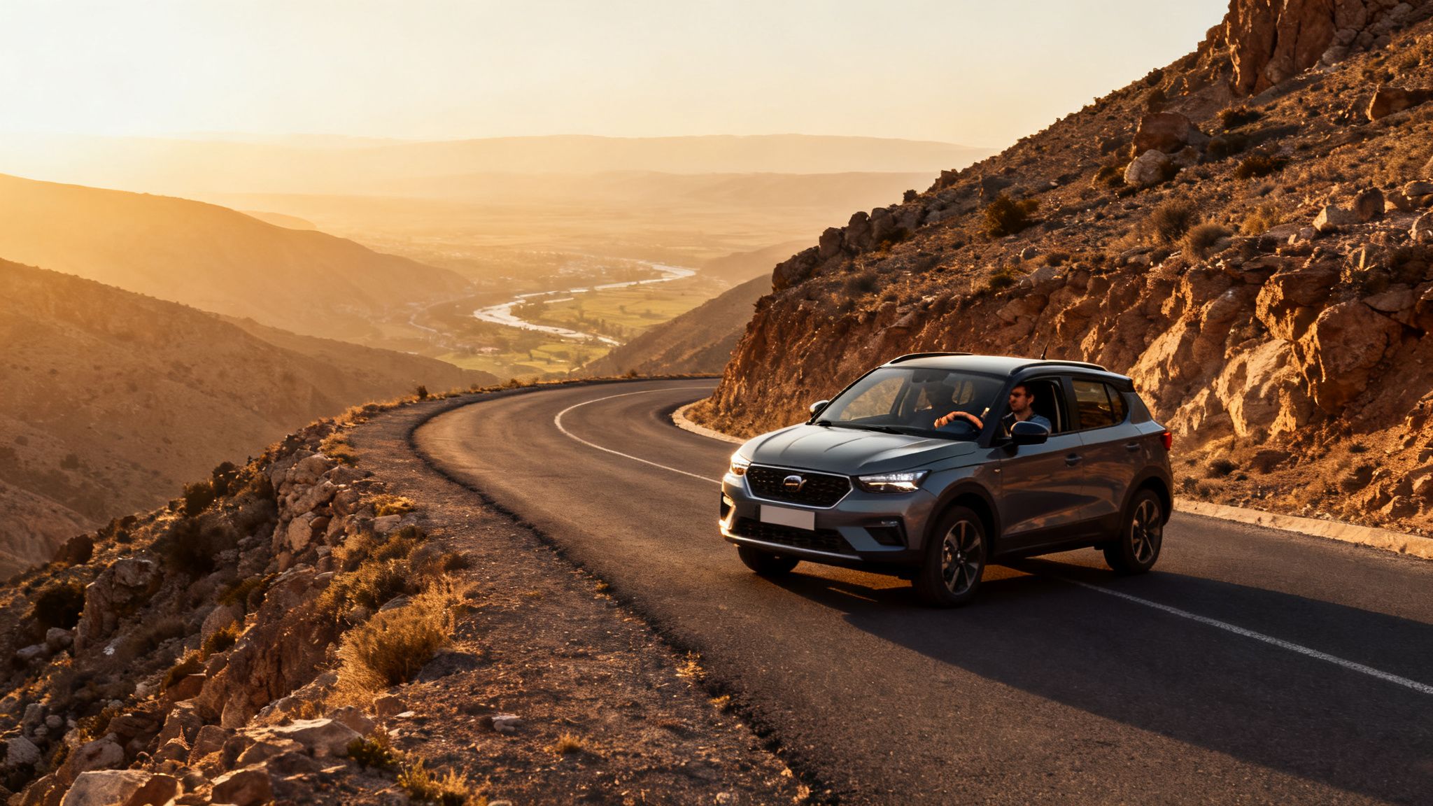 SUV gris sur une route de montagne au coucher du soleil, vallée et rivière visibles en arrière-plan.