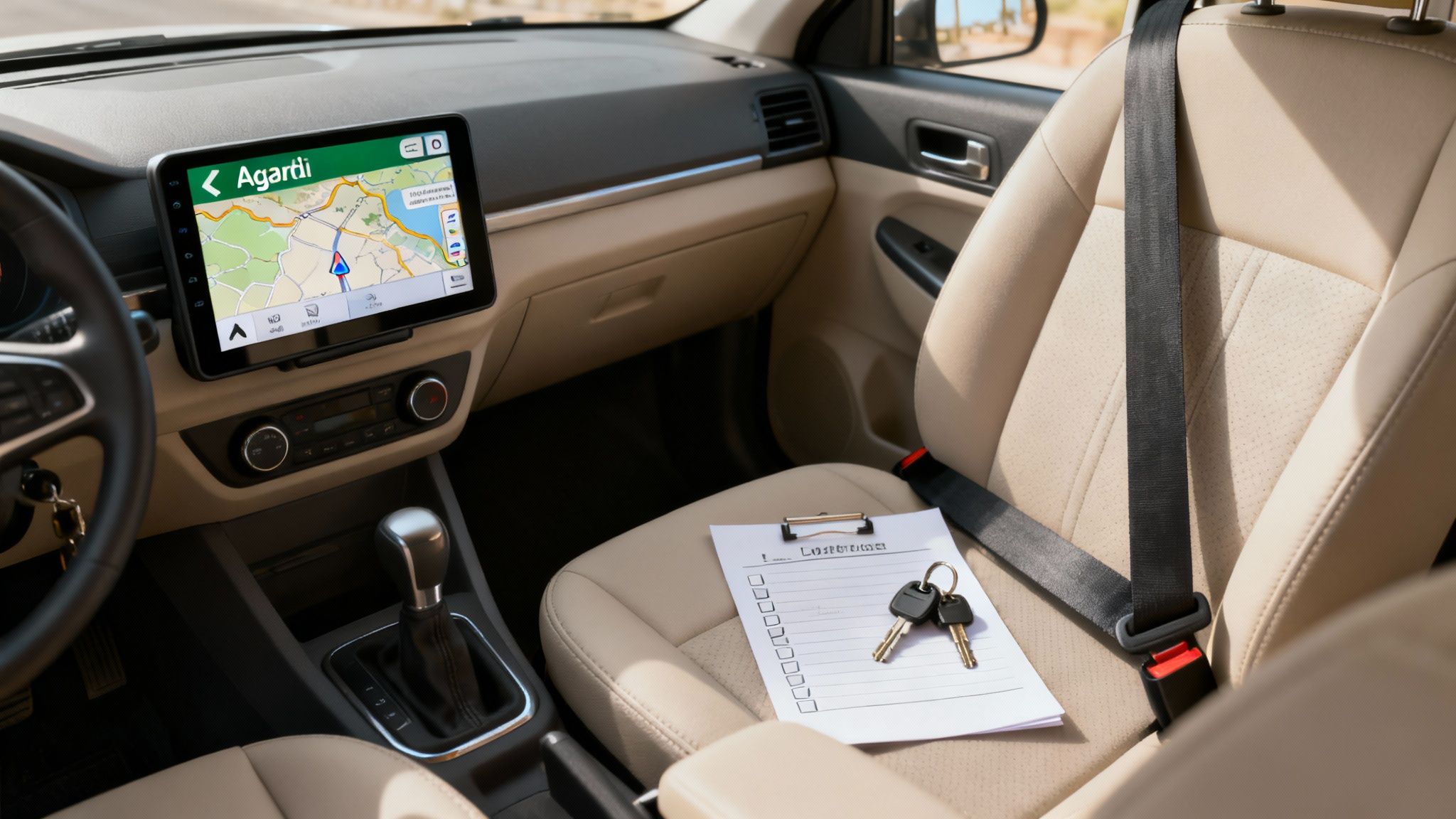 Une voiture blanche roulant sur une route côtière près d'Agadir, illustrant la liberté de la location.