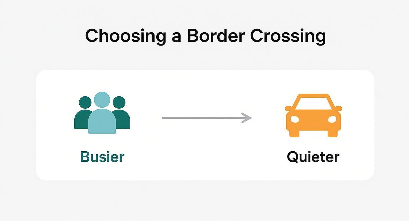 Infographic comparing the Hatta and Mezyad border crossings, showing Hatta is busier and Mezyad is quieter.