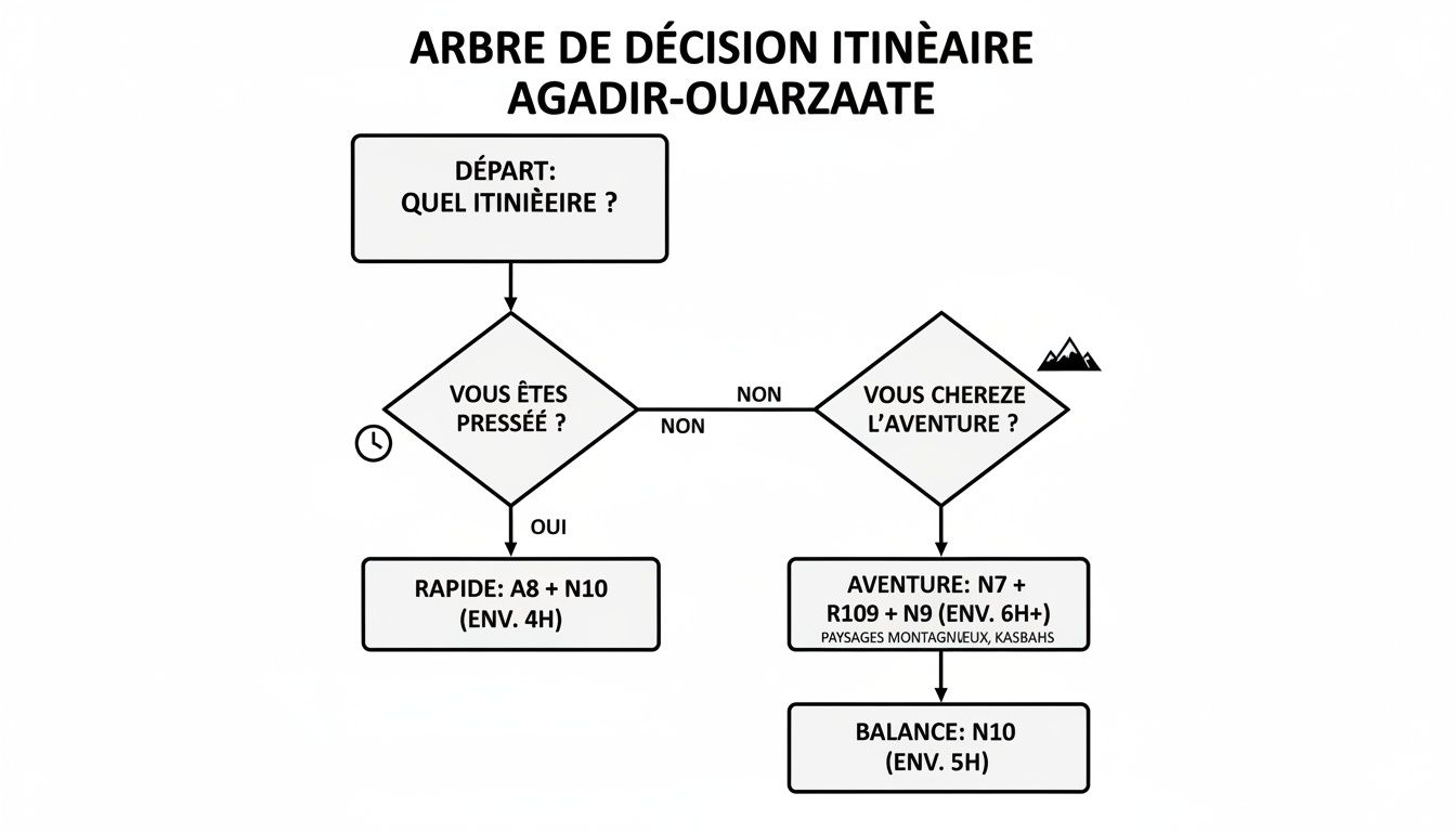 Arbre de décision pour un itinéraire Agadir-Ouarzazate, offrant des options rapides ou aventureuses selon les préférences de l'utilisateur.