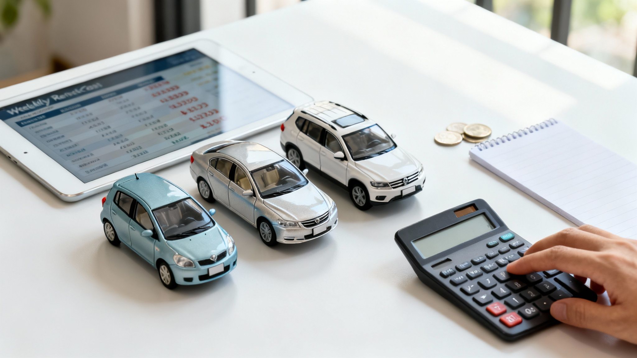 Une main utilise une calculatrice pour estimer les prix de location de voitures, avec des modèles réduits et une tablette affichant des coûts.