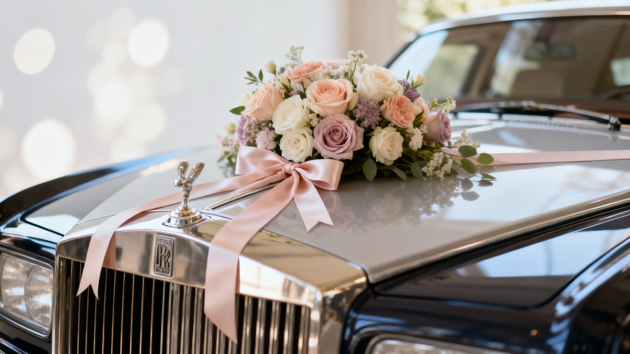 Une voiture de mariage classique, une Rolls-Royce, décorée de fleurs pastel et d'un ruban rose sur le capot.