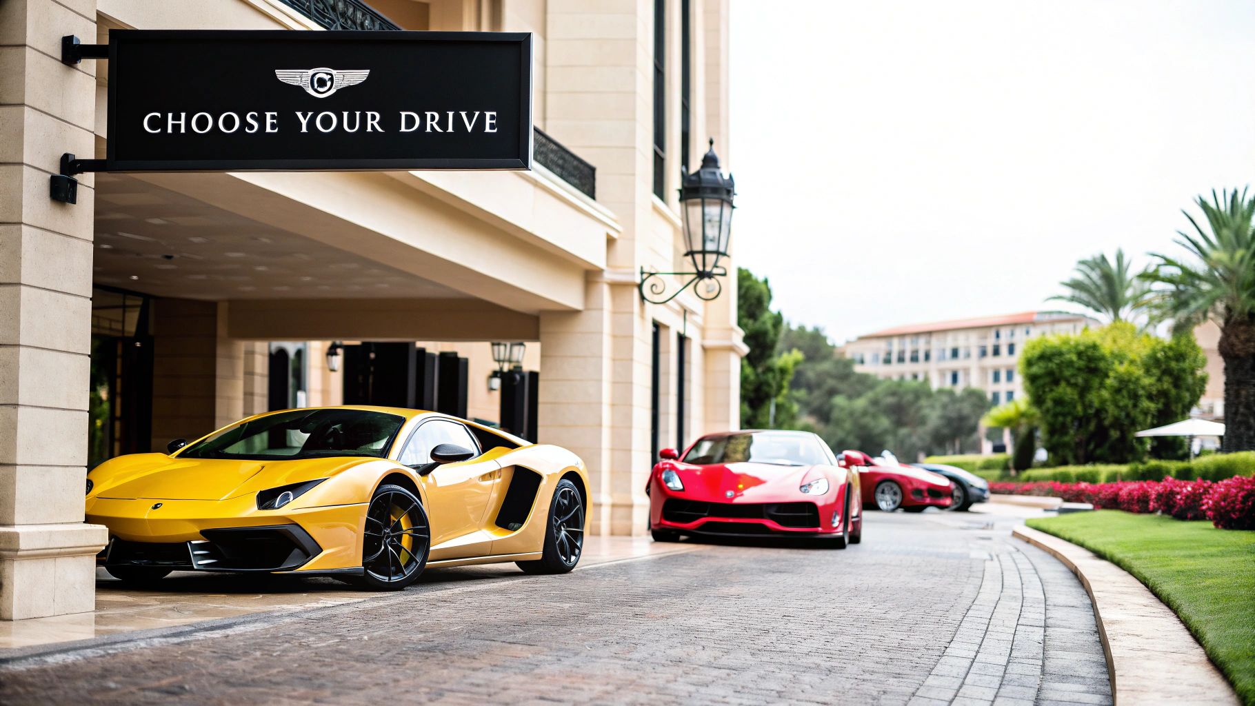 Luxury sports cars, including a yellow Lamborghini and red Ferrari, parked at a lavish hotel entrance with a 'CHOOSE YOUR DRIVE' sign.